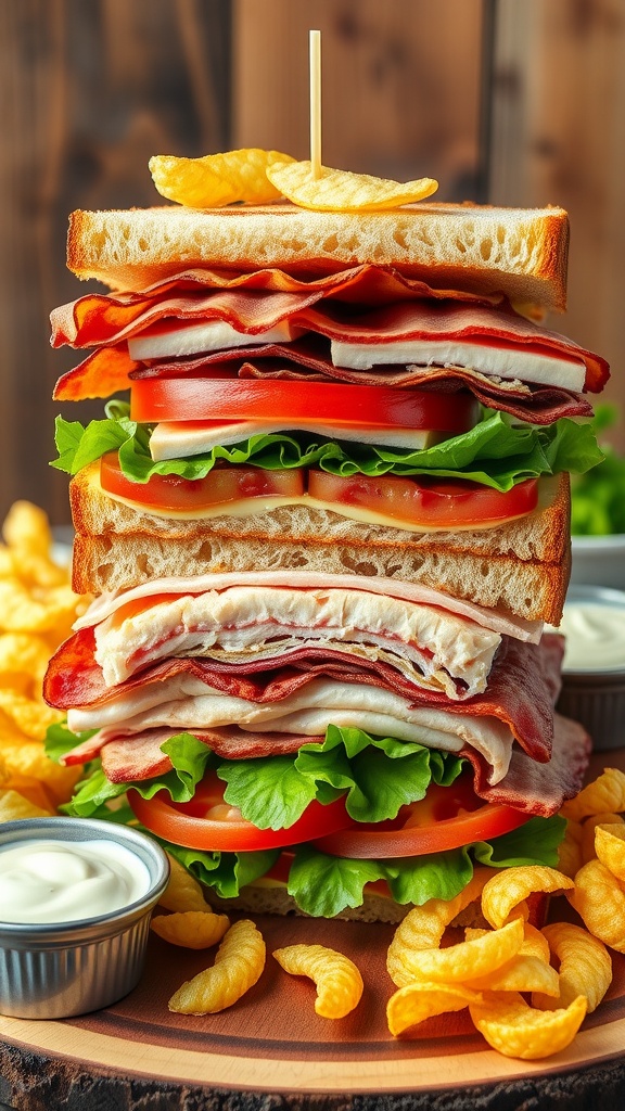 A gourmet club sandwich with bacon, lettuce, tomato, and turkey on toasted bread, served with potato chips.